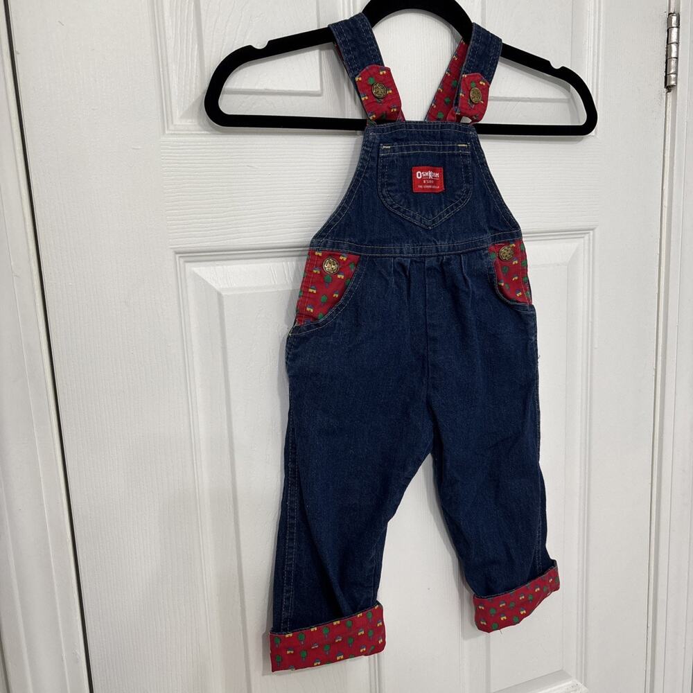 Vintage 2T Oshkosh Overalls Denim House Tree Print 80s 90s Paper Tag USA VGUC - Picture 3 of 9
